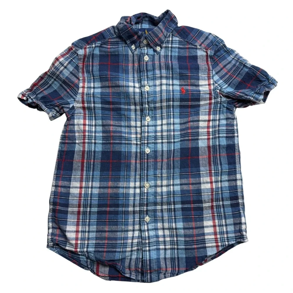 Ralph Lauren Kids Blue Plaid Linen Cotton Short Sleeve Button Down Shirt M 10-12